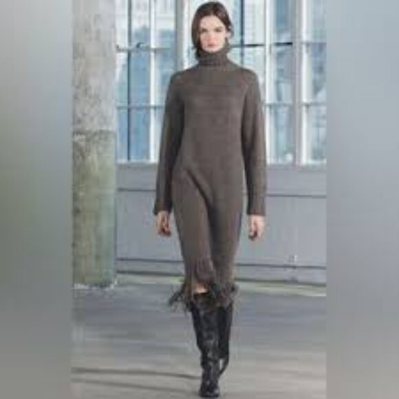 Women's Zara 100% Wool Turtle Neck Fringe Grey Taupe Midi Knit Dress Size XS-S - Picture 2 of 10